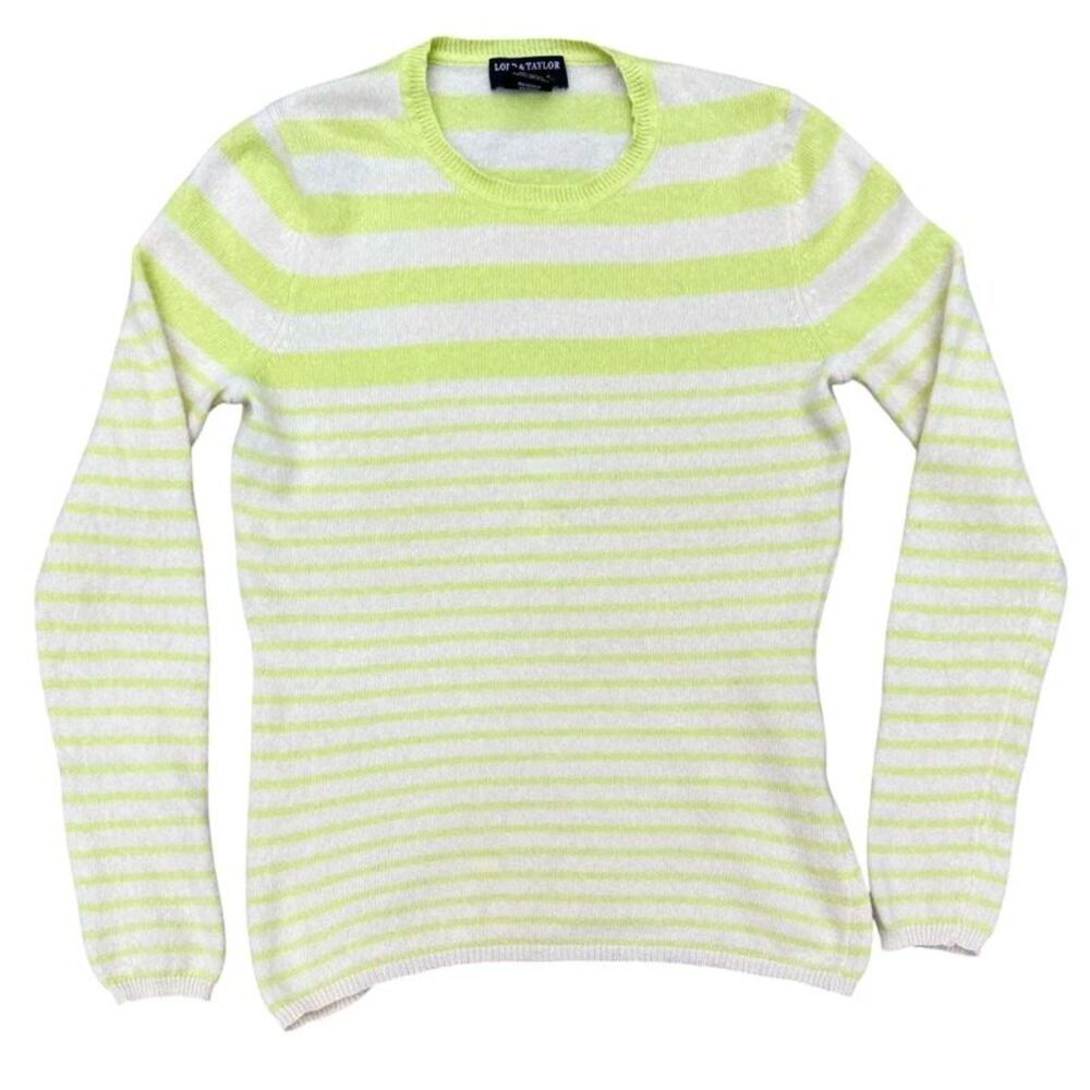100% Cashmere Striped Sweater Chartreuse Lime Green Cream Autumn Bright - S